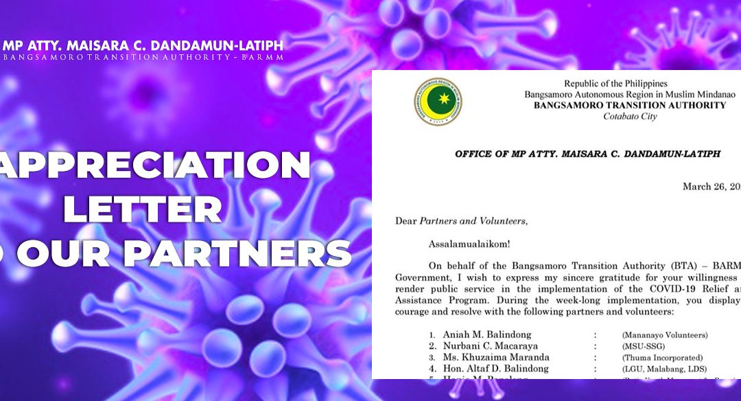 APPRECIATION LETTER TO OUR PARTNERS