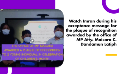 Watch Imran during his acceptance message for the plaque of recognition awarded by the office of MP Atty. Maisara C. Dandamun Latiph