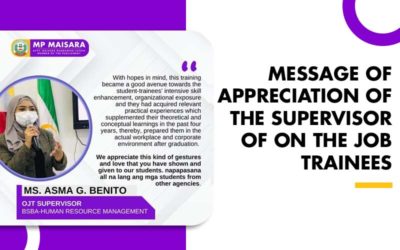 MESSAGE OF APPRECIATION OF THE SUPERVISOR OF ON THE JOB TRAINEES