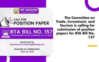The Committee on Trade, Investment, and Tourism is calling for submission of position papers for BTA Bill No. 157